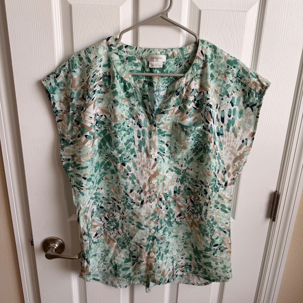 Van Heusen Womens Green Abstract Print Cap Sleeve Button Up Blouse Large‎